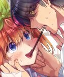  1boy 1girl 2022 :d black_hair blue_eyes blush cheek_pinching close-up commentary_request couple dated_commentary eye_contact eyelashes eyes_visible_through_hair fingernails food_in_mouth go-toubun_no_hanayome green_ribbon hair_between_eyes hair_ribbon hands_on_another&#039;s_cheeks hands_on_another&#039;s_face hetero incoming_pocky_kiss looking_at_another nakano_yotsuba nervous_smile nervous_sweating open_mouth orange_hair pinching pocky_day pocky_in_mouth ribbon short_hair shy smile straight_hair sweat swept_bangs teeth uesugi_fuutarou upper_teeth_only upturned_eyes yellow_eyes yu_(flowerbird3830) 