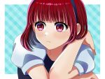  1girl arima_kana black_shirt blue_background blush bob_cut closed_mouth highres inverted_bob looking_to_the_side oshi_no_ko red_eyes red_hair shirt short_hair simple_background solo tonton_(6kbgievnt89kt1f) unhappy upper_body 