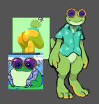  2023 amphibian anthro balls barefoot bottomless butt clothed clothing english_text eyes_closed eyewear feet feral frog genitals green_body latchk3y male simple_background smile soles solo sunglasses text 