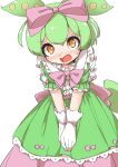 1girl blush bow buttons dress fun_bo green_dress green_hair hair_between_eyes hair_bow highres layered_dress open_mouth pink_bow short_hair short_sleeves simple_background solo voicevox white_background yellow_eyes zundamon 