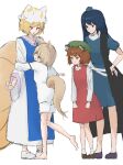  4girls :/ absurdres angry animal_ear_piercing animal_ears arms_at_sides bare_legs barefoot blonde_hair blue_dress blue_hair blue_headwear blue_tabard brown_eyes brown_hair cat_ears chen closed_mouth commentary_request dark_blue_hair dress earrings fox_ears fox_tail frills full_body green_headwear hair_between_eyes hand_on_own_hip hat height_difference highres hug iizunamaru_megumu jewelry knees_together_feet_apart kudamaki_tsukasa legs_together long_hair long_sleeves looking_down mob_cap mori_dobonua_(mordvna) multiple_girls no_tail open_mouth petite pigeon-toed red_dress short_sleeves simple_background single_earring standing tabard tail tokin_hat touhou v-shaped_eyebrows white_background white_dress white_footwear white_headwear white_romper wide_sleeves yakumo_ran yuri 