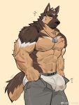  1boy abs absurdres animal_ears ass ass_lift bara bouncing_ass bouncing_bulge boxers brown_fur bulge bulge_lift covered_penis dog_boy dog_ears dog_tags dog_tail dressing facial_hair feet_out_of_frame goatee grey_pants highres i&#039;ve_never_seen_a_guy_recreate_this_successfully_tbh_(meme) large_bulge large_pectorals looking_at_bulge male_focus male_underwear mature_male meme muscular muscular_male navel nipples open_pants original pants pants_lift pectorals run_(arun_six) scar scar_on_arm scar_on_chest see-through short_hair sideburns solo stomach sweat sweatdrop tail thick_eyebrows thick_thighs thighs topless_male undersized_clothes underwear veins veiny_arms wet wet_clothes wet_male_underwear white_male_underwear 