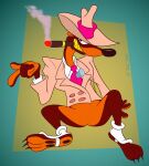  2023 anthro arm_support bottomless brown_body brown_fur cigar cigarette cigarette_in_mouth claws clothed clothing disney fur gavanzude geometric_background grin hat headgear headwear hi_res jewelry male mammal mustelid musteline necktie object_in_mouth paws signature simple_background sitting smarty_weasel smile smoke solo spats toon_patrol true_musteline weasel who_framed_roger_rabbit yellow_teeth zoot_suit 