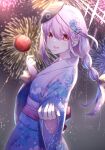  1girl :d aerial_fireworks atsuko_(blue_archive) blue_archive blue_flower blue_kimono blue_rose blurry blurry_background braid candy_apple commentary_request depth_of_field fireworks floral_print flower food from_side hair_between_eyes hair_flower hair_ornament hairclip hands_up holding holding_food japanese_clothes kimono long_hair long_sleeves looking_at_viewer looking_to_the_side mashiro_aa mask mask_on_head night night_sky obi outdoors pink_hair print_kimono red_eyes rose sash single_braid sky smile solo very_long_hair white_flower wide_sleeves 