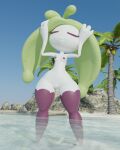  3d_(artwork) absurd_res anthro beach breasts clothing digital_media_(artwork) elemental_creature eyes_closed female flora_fauna generation_7_pokemon genitals hi_res humanoid leggings leggings_only legwear lorded mostly_nude nintendo nipples palm_tree plant pokemon pokemon_(species) pussy sea seaside short_stack small_breasts smile solo standing steenee thick_thighs tree water white_body wide_hips 