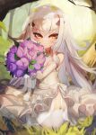  1girl bare_shoulders bouquet breasts bridal_veil dress elbow_gloves fairy_knight_lancelot_(fate) fate/grand_order fate_(series) forked_eyebrows gloves jewelry kneeling long_hair looking_at_viewer m0_chi neck_ring sidelocks small_breasts smile solo thighhighs thighs veil wedding_dress white_dress white_gloves white_hair white_thighhighs yellow_eyes 