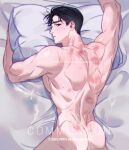  1boy ass bara completely_nude feet_out_of_frame from_above highres looking_at_viewer looking_back lying male_focus muscular muscular_male nude on_bed on_stomach original presenting short_hair sideburns solo sweat thick_eyebrows v-taper very_sweaty yotti 