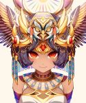  1girl black_hair circlet commentary_request dark-skinned_female dark_skin edamame_senpai egyptian egyptian_clothes forehead_jewel gem gold looking_at_viewer original red_eyes short_hair smile solo straight-on usekh_collar 