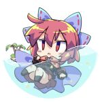  1girl black_footwear black_shirt blue_bow bow chibi cloak commentary full_body hair_bow isu_(is88) long_sleeves looking_at_viewer open_mouth palm_tree partially_submerged red_eyes red_hair sekibanki shirt short_hair solo touhou tree upper_body 