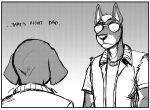  2023 anthro canid canine canis clothed clothing comic daniel_porter dialogue dobermann domestic_dog duo english_text eye_contact eyewear father_(lore) father_and_child_(lore) father_and_son_(lore) greyscale hi_res hladilnik looking_at_another looking_down_at_another looking_up_at_another male mammal monochrome parent_(lore) parent_and_child_(lore) parent_and_son_(lore) pinscher size_difference sleeveless_shirt son_(lore) sunglasses text 