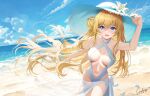  1girl absurdres artist_name beach benghuai_xueyuan blonde_hair blue_sky braid breasts casual_one-piece_swimsuit character_request cleavage cloud corderoy criss-cross_halter dated day flower halterneck hat hat_flower highres holding holding_clothes holding_hat honkai_(series) horizon long_hair looking_at_viewer medium_breasts ocean one-piece_swimsuit one_side_up outdoors sarong signature single_braid sky solo sun_hat swimsuit white_headwear white_one-piece_swimsuit 