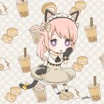  1girl animal_ears animal_hands black_gloves blush bow bread brown_bow brown_skirt bubble_tea cat_tail character_request chibi coffee commentary_request diamond-shaped_pupils diamond_(shape) expressionless fake_animal_ears fake_tail food full_body glove_bow gloves hair_bow hand_on_own_face headdress long_hair looking_at_viewer medium_bangs miyan_(shamigame) open_mouth pancake paw_gloves pink_hair purple_eyes ragnarok_masters ragnarok_online shirt skirt socks solo souffle_pancake symbol-shaped_pupils tail whipped_cream white_shirt white_socks 