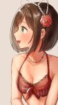  1girl animal_ears bare_shoulders bead_necklace beads bikini blush breasts brown_background brown_hair cat_ears cleavage collarbone fake_animal_ears fang flower frilled_bikini frills front-tie_bikini_top front-tie_top green_eyes hair_flower hair_ornament hairband highres idolmaster idolmaster_cinderella_girls idolmaster_cinderella_girls_starlight_stage jewelry large_breasts looking_at_another maekawa_miku necklace open_mouth plaid plaid_bikini profile red_bikini red_flower short_hair simple_background smile solo swimsuit toririririre upper_body white_hairband 