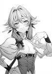  1girl armpits blush closed_mouth commentary_request elf flat_chest goblin_slayer! greyscale high_elf_archer_(goblin_slayer!) highres looking_at_viewer medium_hair monochrome nipples pointy_ears simple_background solo tekkai_blade upper_body white_background 