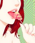  1girl artist_name bare_shoulders candy commentary efairu_666 english_commentary food head_out_of_frame highres holding holding_candy holding_food holding_lollipop licking lollipop open_mouth original pink_lips pink_nails portrait red_hair skull solo teeth tongue 