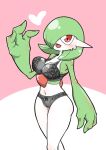  1girl arm_at_side bare_shoulders black_bra black_panties blush bob_cut bow bow_panties bra breasts cameltoe cleavage clothed_pokemon colored_skin commentary_request floral_print gardevoir green_hair green_skin hair_over_one_eye hand_up happy heart kazamidoririnn looking_at_viewer medium_breasts multicolored_skin navel one_eye_covered open_mouth panties personification pink_background pokemon pokemon_(creature) red_eyes shiny_skin short_hair simple_background smile solo standing stomach thighs two-tone_background two-tone_skin underwear underwear_only variant_set white_skin 