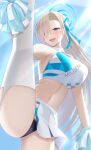  1girl asuna_(blue_archive) bare_shoulders blonde_hair blue_archive blue_eyes blue_ribbon blue_sky blush breasts cheerleader cleavage criss-cross_halter hair_over_one_eye hair_ribbon halo halterneck holding holding_pom_poms large_breasts light_brown_hair long_hair looking_at_viewer millennium_cheerleader_outfit_(blue_archive) miniskirt navel open_mouth panties pleated_skirt pom_pom_(cheerleading) ribbon skirt sky smile solo sports_bra thighhighs thighs underwear very_long_hair white_skirt white_thighhighs yumeneko_nyaa 