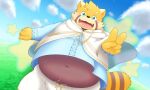  ailurid anthro belly blush caladbolg crave_saga fur gesture hi_res male mammal midriff navel orange_body orange_fur overweight red_panda solo tai_tanuki v_sign 