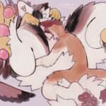  2023 anthro birdpaw_(artist) blush brown_ears brown_pawpads canid canine canis cuddling digital_media_(artwork) domestic_dog dragon duo embrace eyes_closed feathered_dragon feathers fluffy fur furred_dragon fursona_(birdpaw) hi_res hug lying male mammal on_back open_mouth open_smile orange_body orange_fur pawpads pink_nose pink_pawpads pink_tongue smile talons tongue white_body white_fur yellow_talons 