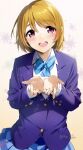  1girl :d blue_bow blue_bowtie blue_jacket blue_skirt bow bowtie brown_hair collared_shirt floral_background highres jacket koizumi_hanayo long_sleeves looking_at_viewer love_live! love_live!_school_idol_project nakano_maru open_hands open_mouth otonokizaka_school_uniform plaid plaid_skirt pleated_skirt purple_eyes school_uniform shirt short_hair skirt smile solo standing striped striped_bow striped_bowtie tail twitter_username white_shirt wing_collar 