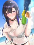  1girl :t akue beach bikini black_bikini black_choker black_hair blue_hair blue_sky blush braid breasts choker cloud day french_braid hair_between_eyes hand_on_own_chest highres holding holding_water_gun ichinose_uruha long_hair looking_at_viewer medium_breasts multicolored_hair navel nose_blush ocean outdoors pout purple_eyes see-through shirt short_sleeves side-tie_bikini_bottom side_braid sky solo streaked_hair super_soaker swimsuit t-shirt very_long_hair virtual_youtuber vspo! water water_gun wet wet_clothes wet_hair wet_shirt white_shirt 