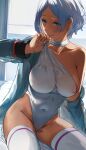  1girl :q bodysuit breasts collarbone covered_navel covered_nipples dark-skinned_female dark_skin green_eyes gundam gundam_suisei_no_majo hews highres large_breasts licking_lips looking_at_viewer mole_on_crotch nail_polish secelia_dote shirt short_hair sitting sketch skindentation smile solo thighhighs thighs tongue tongue_out white_hair white_nails white_thighhighs 