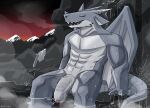  abs absurd_res anthro biped countershade_torso countershading dragon eyes_closed fangs foreskin genitals grey_body grey_scales hi_res horn hot_spring humanois_penis ivxair3p male muscular muscular_anthro nude open_mouth outside partially_submerged penis reptile scales scalie solo teeth water wings 