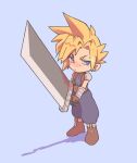  1boy armor blonde_hair blue_eyes blue_pants boots bracer brown_footwear buster_sword chibi cloud_strife determined earrings final_fantasy final_fantasy_vii glint gloves highres holding holding_sword holding_weapon jewelry male_focus pants pauldrons puffy_pants short_hair shoulder_armor simple_background single_earring single_pauldron sleeveless sleeveless_turtleneck solo spiked_hair stud_earrings suspenders sword tasituma2 turtleneck weapon 