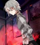  1boy accelerator_(toaru_majutsu_no_index) anninn_do_fu closed_mouth commentary_request cowboy_shot electrodes from_below hair_between_eyes hand_in_pocket highres long_sleeves looking_at_viewer male_focus red_eyes short_hair solo toaru_majutsu_no_index white_hair 
