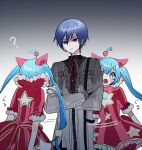  25-ji_nightcord_de._(project_sekai) ? animal_ears annoyed blue_hair cat_ears cat_girl closed_mouth confused crossed_arms dark_blue_hair dress empty_eyes fang grey_shirt hair_ornament hatsune_miku hikarupig kaito_(vocaloid) long_sleeves open_mouth pom_pom_(clothes) pom_pom_hair_ornament project_sekai red_dress red_ribbon ribbon shaded_face shirt short_hair short_sleeves simple_background star_(symbol) star_print twintails vocaloid wonderlands_x_showtime_(project_sekai) 