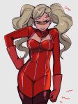  1girl anger_vein blonde_hair blue_eyes bodysuit boots breasts cleavage cleavage_cutout clothing_cutout english_commentary english_text gloves grey_background hand_on_own_hip highres long_hair medium_breasts neekosiah persona persona_5 red_bodysuit red_footwear red_gloves simple_background solo takamaki_anne thigh_boots twintails 