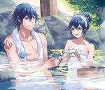  1boy 1girl alternate_hairstyle ameno_(a_meno0) bare_shoulders bottle bucket chrom_(fire_emblem) collarbone cup day drink father_and_daughter fire_emblem fire_emblem_awakening flat_chest lucina_(fire_emblem) muscular muscular_male naked_towel onsen open_mouth outdoors partially_submerged rock short_hair smile towel towel_around_neck towel_on_head 