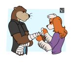  anthro bandage bandaged_arm bodily_fluids brown_body brown_fur canid canine canis clothing domestic_dog dot_eyes dress_shirt duo floppy_ears freckles_(artist) fur hair half-closed_eyes hoodie male mammal multicolored_body multicolored_fur mustelid narrowed_eyes orange_body orange_fur otter pecas_(freckles) shirt simple_background tears topwear two_tone_body two_tone_fur white_body white_fur white_hair 