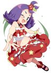  1girl ;d acerola_(pokemon) bare_shoulders bikini black_footwear blue_eyes blush bracelet flower hair_flower hair_ornament highres jewelry looking_at_viewer midriff navel one_eye_closed pokemon pokemon_(game) pokemon_masters_ex purple_hair red_flower sandals short_hair simple_background smile solo swimsuit tottotonero white_background 