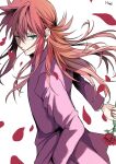  1boy absurdres closed_mouth flower green_eyes hair_between_eyes hand_in_pocket highres holding holding_flower kurama_(yu_yu_hakusho) long_hair long_sleeves looking_at_viewer male_focus minato_x3710 petals red_flower red_hair red_rose rose rose_petals school_uniform sidelocks solo white_background yu_yu_hakusho 