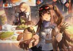  2girls artist_request bamboo_steamer blonde_hair brown_hair copyright_name dragon_boat_festival food girls&#039;_frontline girls&#039;_frontline_2:_exilium gloves goggles goggles_on_head highres long_hair looking_at_viewer mayling_shen_(girls&#039;_frontline_2) multiple_girls official_art one_side_up open_mouth ots-14_(girls&#039;_frontline) purple_scarf rice scarf smile table waving zongzi 