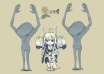  1girl 2others ahoge animal_ears arms_up blonde_hair bloodborne blue_coat blue_eyes blue_hair bright_pupils character_name chibi coat colored_inner_hair commentary crossover diamond_hair_ornament facing_viewer flower_(symbol) full_body highres horse_ears horse_girl horse_tail jitome light_blue_hair living_failures looking_at_viewer multicolored_coat multicolored_hair multiple_others name_tag neo_universe_(umamusume) open_clothes open_coat open_mouth shoes sleeves_past_fingers sleeves_past_wrists sneakers standing sudachi-udon tail translation_request umamusume white_coat white_pupils yellow_background yellow_coat 