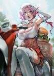  1girl @_@ breasts burger choker cleavage_cutout clothing_cutout commission day dress elbow_gloves food gloves green_eyes highres huge_breasts kionaoki large_breasts lens_flare misao_(salverion) moped motor_vehicle open_mouth original outdoors oversized_food oversized_object pink_hair red_choker solo sweat thighhighs twintails visor_cap white_gloves white_thighhighs 