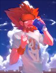  1boy beard blue_sky brad_(16325) cloud cup dairy_queen facial_hair head-mounted_display holding holding_cup holding_spoon lysandre_(pokemon) male_focus my_little_pony open_mouth orange-tinted_eyewear orange_wristband pokemon pokemon_(game) pokemon_xy red_hair short_sleeves sky solo spoon teeth tinted_eyewear white_wristband 