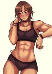  1girl abs absurdres akiosketch artist_name black_sports_bra blush breasts brown_eyes brown_hair choker cowboy_shot dark-skinned_female dark_skin hair_between_eyes highres muscular muscular_female navel original short_hair shorts simple_background small_breasts solo sports_bra sweat watermark 