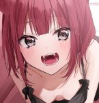  1girl bare_shoulders black_eyes blush breasts chigusa_minori collarbone commentary_request downblouse highres looking_at_viewer medium_breasts open_mouth original purple_hair short_hair solo spaghetti_strap teeth upper_body 