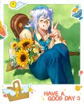  1boy absurdres animal_ear_fluff animal_ears bandaid bandaid_on_face bandaid_on_nose basket bouquet closed_eyes collared_shirt colored_eyelashes dongbomu ear_ornament facing_viewer fang feet_out_of_frame flower food fruit grass green_background grin hand_up highres holding holding_bouquet knees_up long_hair long_sleeves male_focus original outdoors shadow shaved_ice shirt smile solo sticker sunflower v watermelon white_hair yellow_flower yellow_shirt 