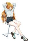  1girl absurdres alternate_costume blue_pants highres ishmael_(limbus_company) limbus_company long_hair orange_hair pants project_moon shirt simple_background thighs vvindyday white_background white_shirt yellow_eyes 