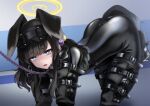 1girl animal_ears armor black_hair blindfold blue_archive blue_eyes blush bodysuit breasts bright_pupils dog_ears ears_down hair_ornament halo hibiki_(blue_archive) human_dog latex latex_bodysuit long_hair looking_at_viewer pet_play restrained rxlindera sidelocks solo twintails 