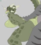  ambiguous_penetration anthro argonian arm_grab bethesda_softworks biped blush bodily_fluids breasts cooliehigh deeja duo felid female from_behind_position green_body grey_background grey_body hi_res khajiit male male/female mammal open_mouth penetration scalie sex simple_background sweat the_elder_scrolls 