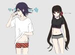  1boy 1girl alternate_costume arironpawa black_hair black_shirt brushing_teeth clothes_lift collarbone crop_top cropped_legs danganronpa_(series) danganronpa_v3:_killing_harmony flipped_hair grey_shirt grey_shorts hair_ornament hair_scrunchie hand_up harukawa_maki highres looking_at_viewer looking_to_the_side low_twintails navel oma_kokichi purple_eyes red_eyes red_scrunchie scrunchie shirt shirt_lift short_shorts short_sleeves shorts stomach striped_male_underwear toothbrush translation_request twintails unfinished 