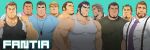  6+boys bara beard black_tank_top blue_hair blue_shirt brown_hair collared_shirt earrings facial_hair goatee green_shirt grey_hair grey_tank_top jewelry large_pectorals looking_at_viewer male_focus mature_male mizuki_gai multiple_boys muscular muscular_male old old_man original paid_reward_available pectorals pink_shirt scar scar_across_eye shirt short_hair sideburns smile spiked_hair suspenders tank_top thick_eyebrows whistle whistle_around_neck 