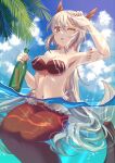  1girl ;o air_bubble bikini blue_sky bottle breasts bubble cleavage cloud collarbone commentary_request day grey_hair highres holding holding_bottle large_breasts long_hair mermaid monster_girl navel one_eye_closed orange_eyes original parted_lips partially_submerged red_bikini ryofuhiko sky solo swimsuit water 