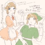  1girl alternate_costume apron belt blonde_hair blue_eyes blush breasts dress drooling earrings enmaided genderswap genderswap_(mtf) gloves green_headwear green_tunic highres jewelry link looking_at_viewer lying maid maid_apron medium_breasts multiple_views neck_ribbon on_back orange_dress orange_ribbon pillow pointy_ears ribbon short_hair sleeping the_legend_of_zelda thought_bubble translation_request ttanuu. white_belt 