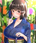  1girl alternate_costume bamboo blue_kimono blush breasts brown_eyes brown_hair cleavage collarbone finger_to_mouth furaggu_(frag_0416) highres holding_tanzaku japanese_clothes kantai_collection kimono large_breasts long_hair looking_at_viewer myoukou_(kancolle) paper_chain print_kimono sash smile solo tanabata tanzaku upper_body wide_sleeves yukata 